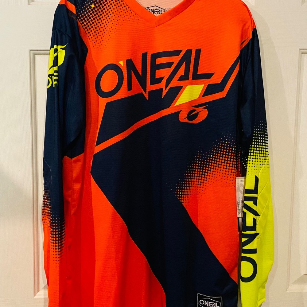 New! O'Neal Mens L MX Jersey Blue Orange Neon Riding Long Sleeve Enjoy the Ride